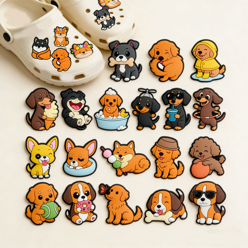 Multi-Style Cartoon Dog Shoe Charms Set – Cute DIY Clog Decoration Gifts Bundle size or group view for clog shoes