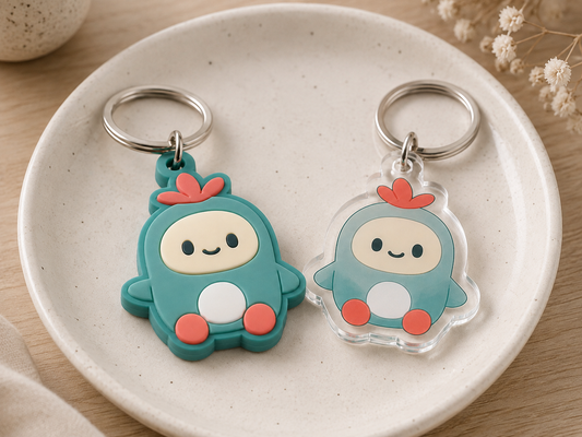 Illustrative comparison of a soft PVC keychain and a rigid acrylic-style keychain