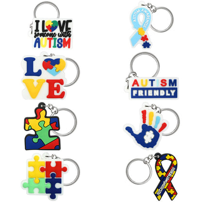 Colorful Autism Awareness Charms Bulk Pack ([8] Pcs) | Soft Rubber Keychains size or group view for bags and keys