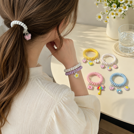 Pastel Spiral Coil Hair Tie with Kawaii PVC Charm