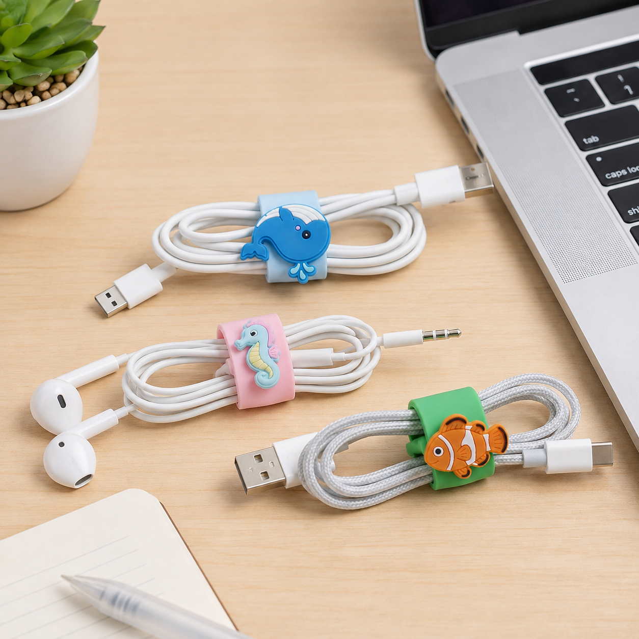 Ocean-themed PVC cable organizer wristband in blue and green