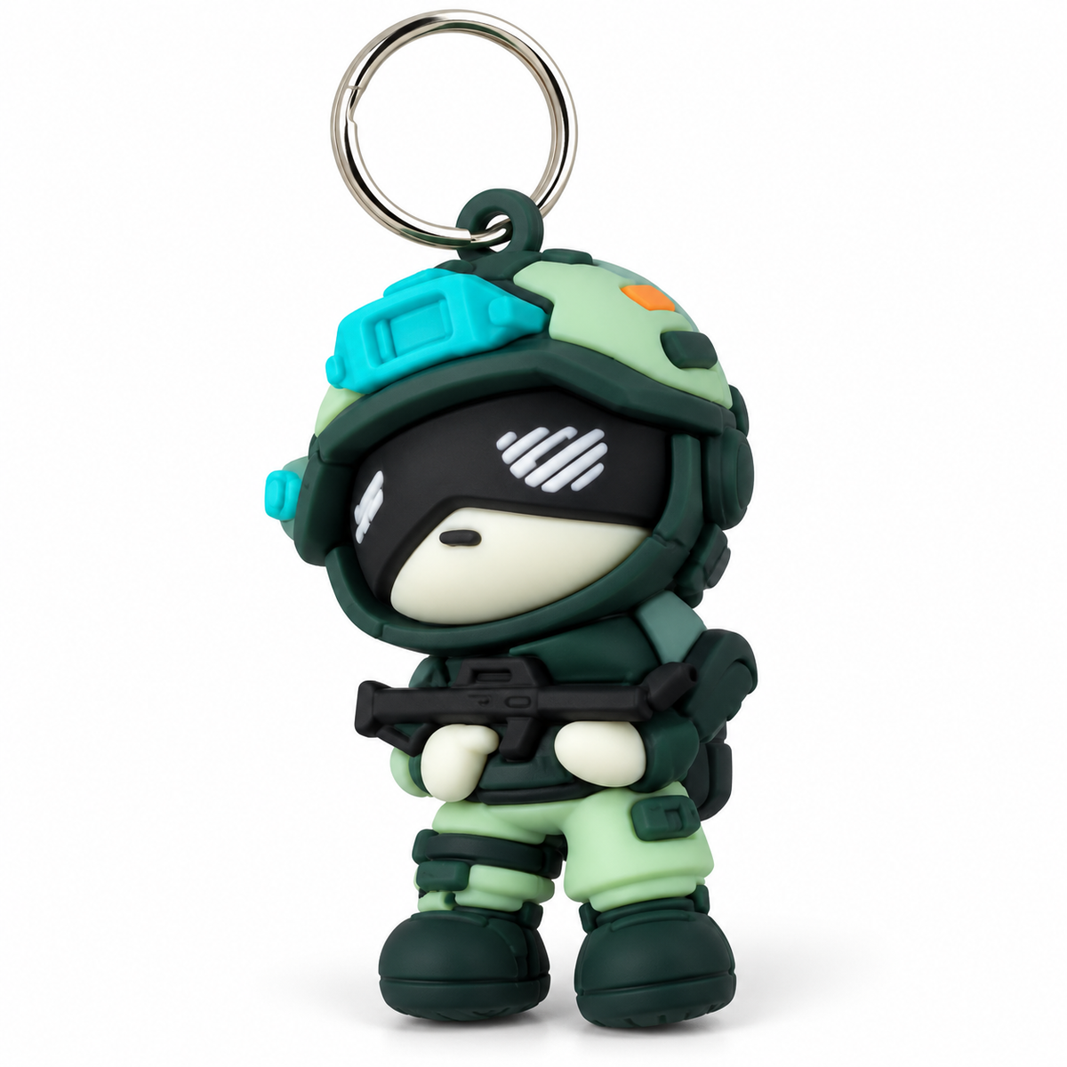 Single green sculpted character PVC keychain viewed at a slight angle with a split ring