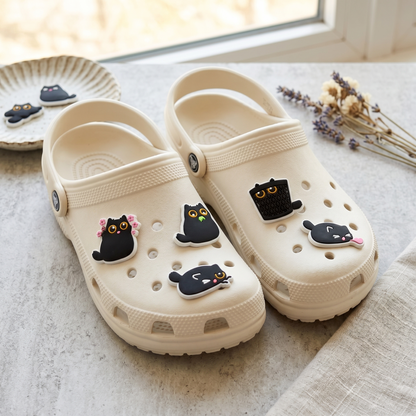 Cute Black Cat PVC Shoe Charms Set for Foam Clogs close-up detail image for clog shoes