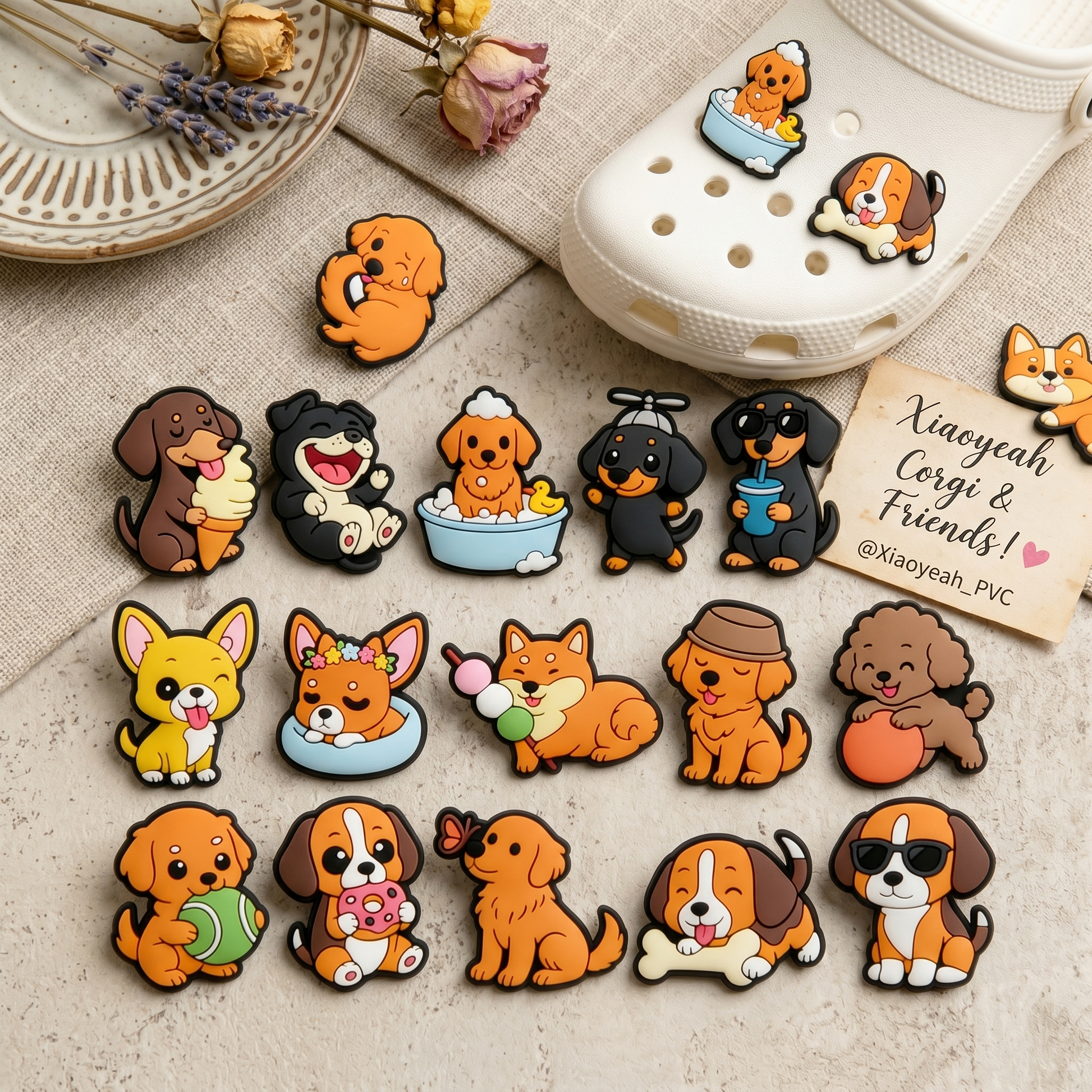 Multi-Style Cartoon Dog Shoe Charms Set – Cute DIY Clog Decoration Gifts Bundle close-up detail image for clog shoes