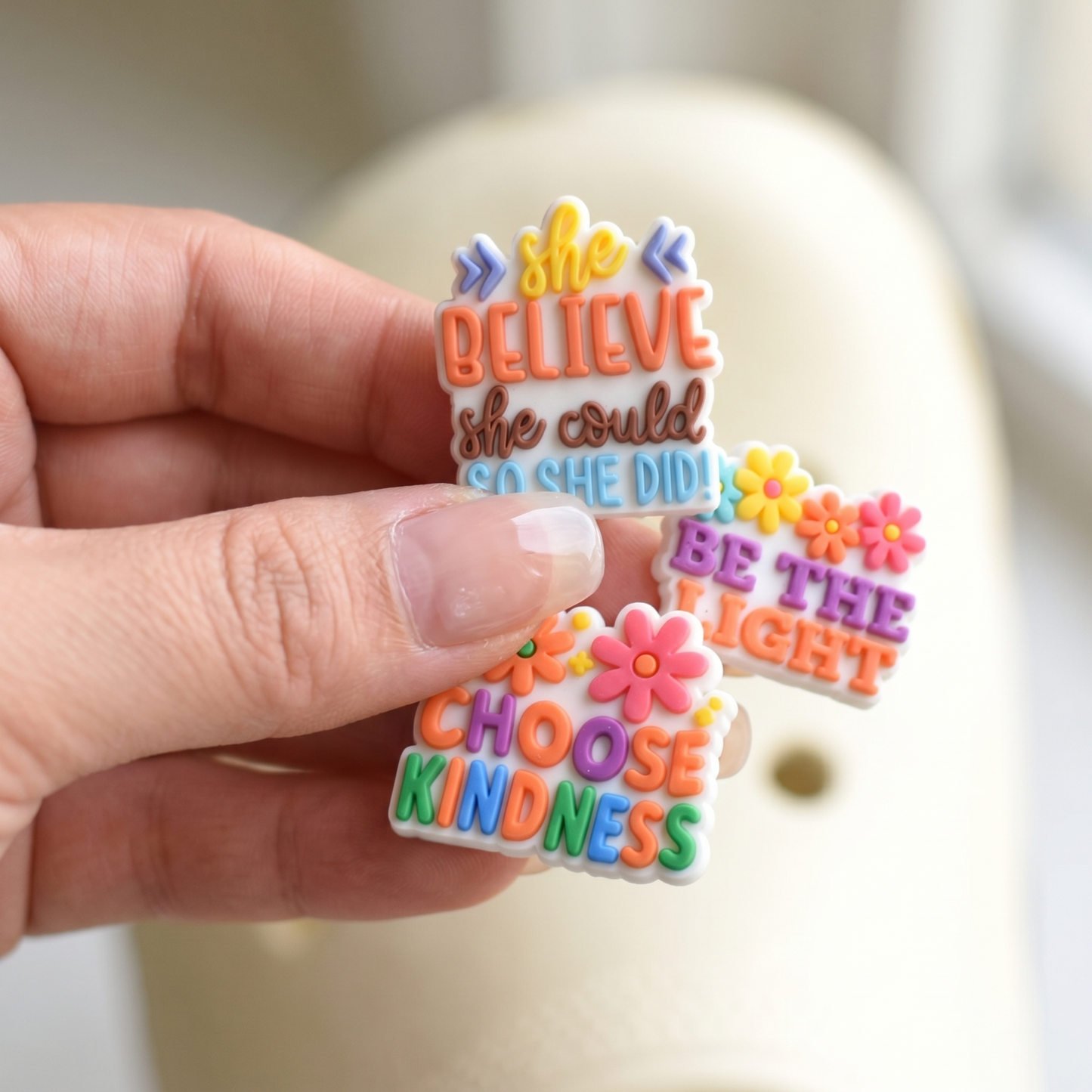 Motivational Letter PVC Shoe Charms Set for Clog Shoes close-up detail image for clog shoes