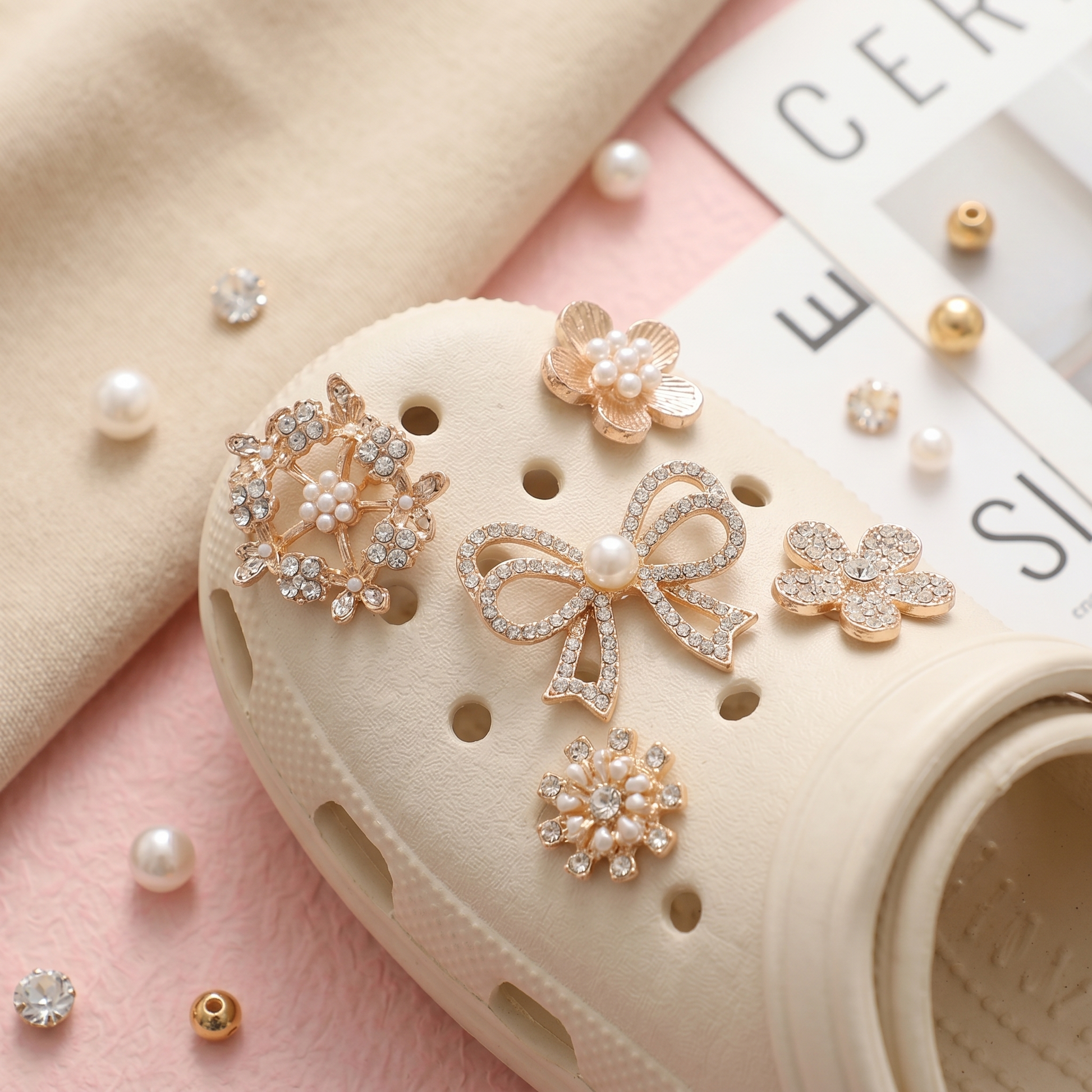 Floral Pearl Rhinestone Shoe Charms Set for Clog Shoes main product image for clog shoes