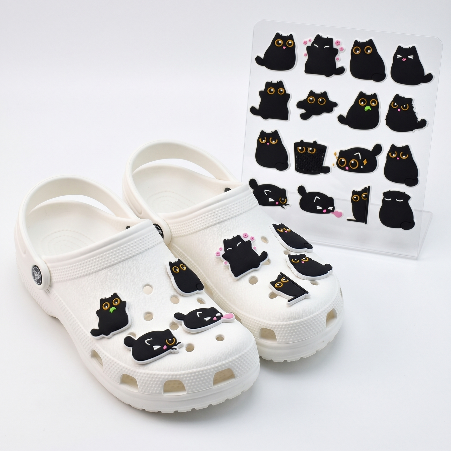 Cute Black Cat PVC Shoe Charms Set for Foam Clogs size or group view for clog shoes