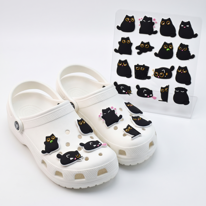 Cute Black Cat PVC Shoe Charms Set for Foam Clogs size or group view for clog shoes