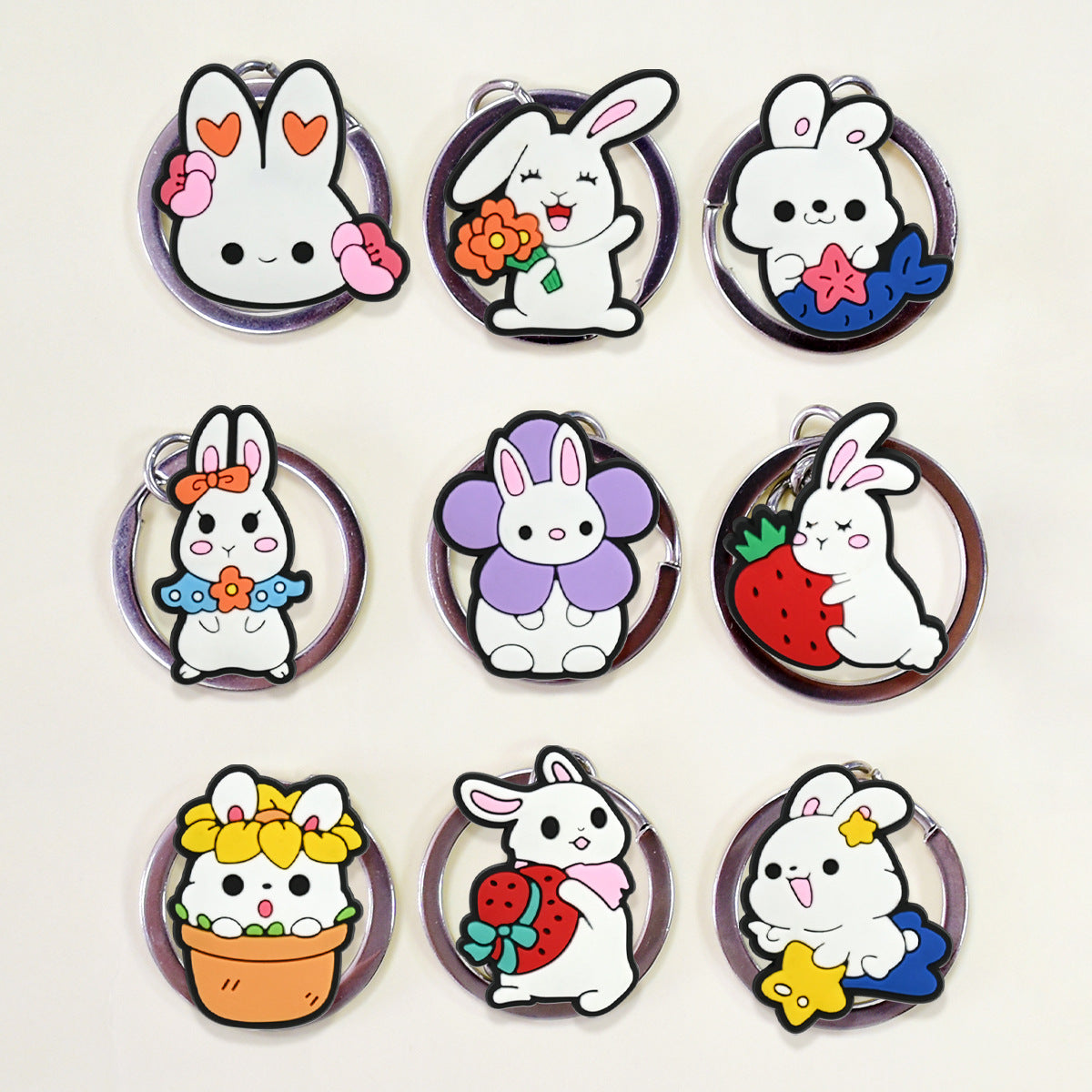 Adorable Rabbit Keyrings Set ([9] Pcs) | Durable Soft PVC Backpack Charms Bulk