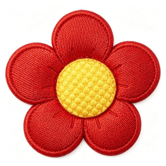 Red flower embroidered patch with yellow center
