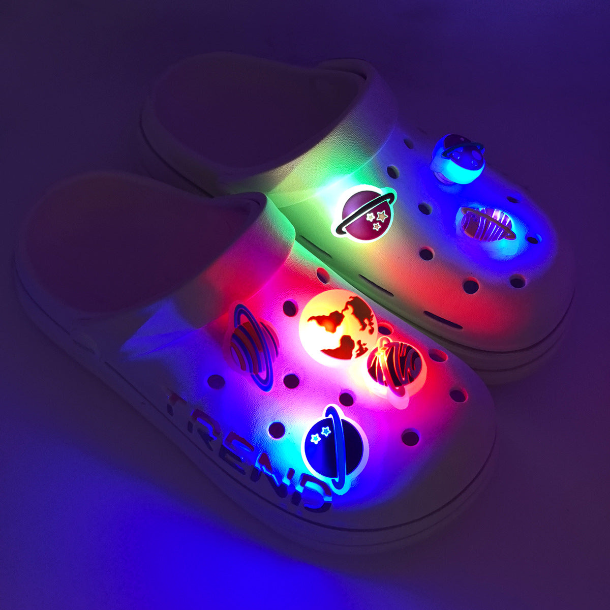 Custom LED Light-up PVC Clog Charms size or group view for clog shoes