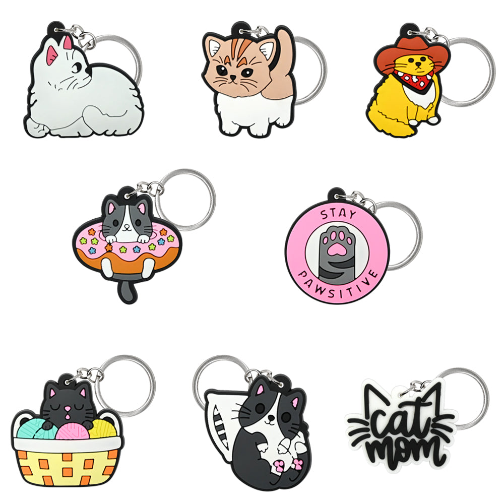 Cute 3D Cat PVC Keychains Pack ([8] Pcs) | Backpack Charms Bundle lifestyle product image for bags and keys