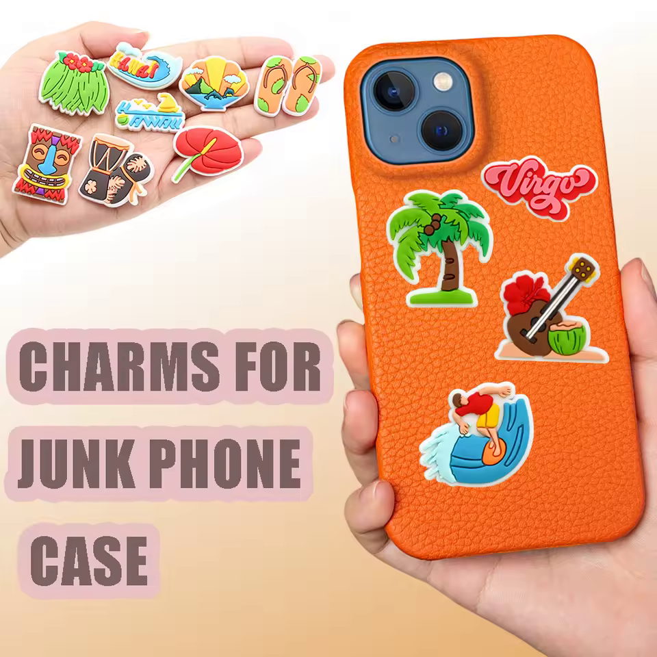 Kawaii food PVC phone case charms on an orange phone case