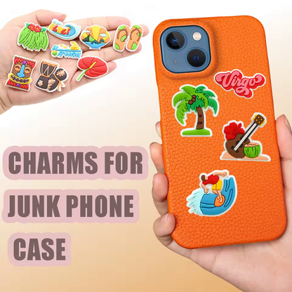 Kawaii food PVC phone case charms on an orange phone case