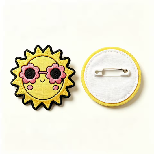 Cartoon sun embroidery brooch with safety pin backing