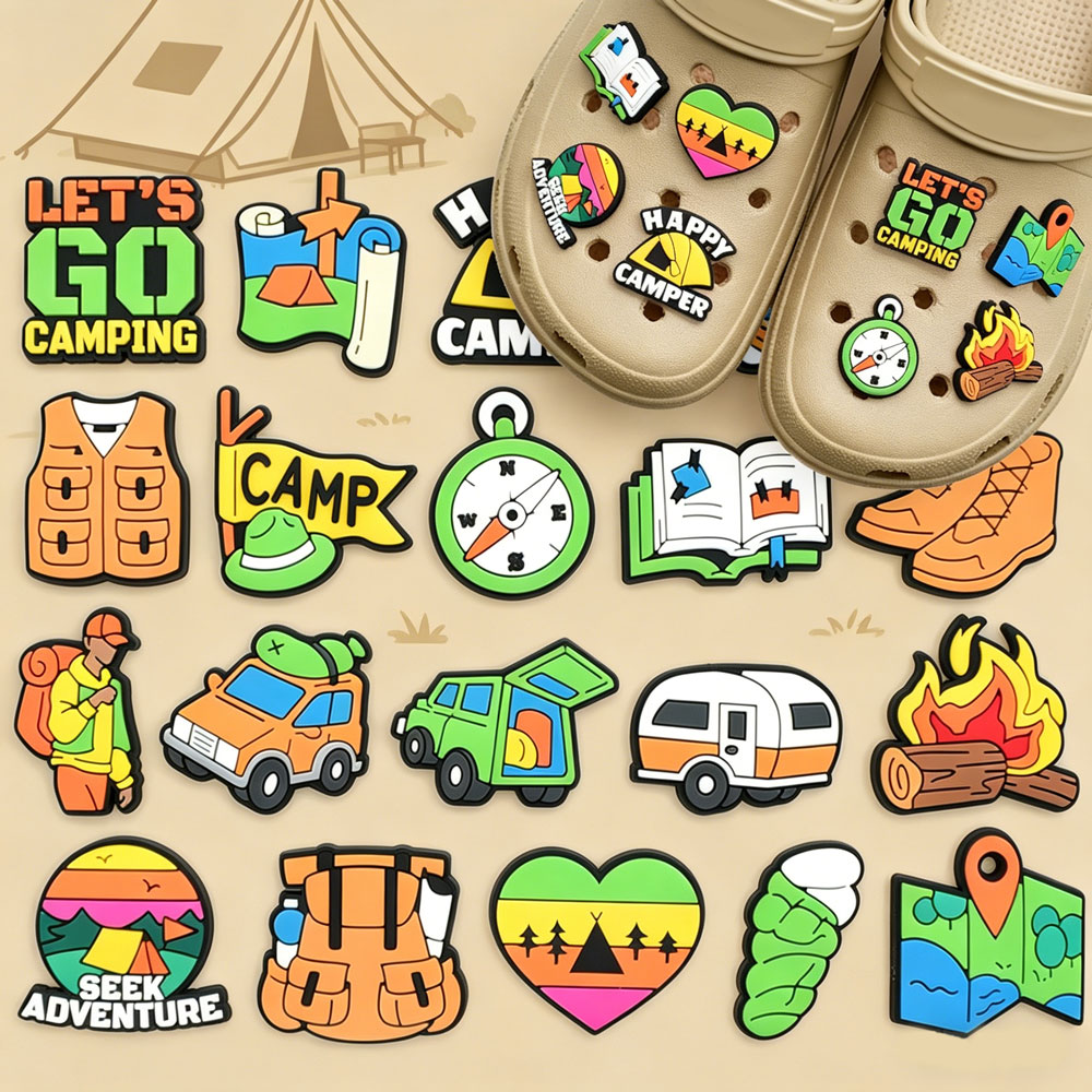 Camping theme PVC shoe charms attached to foam clogs