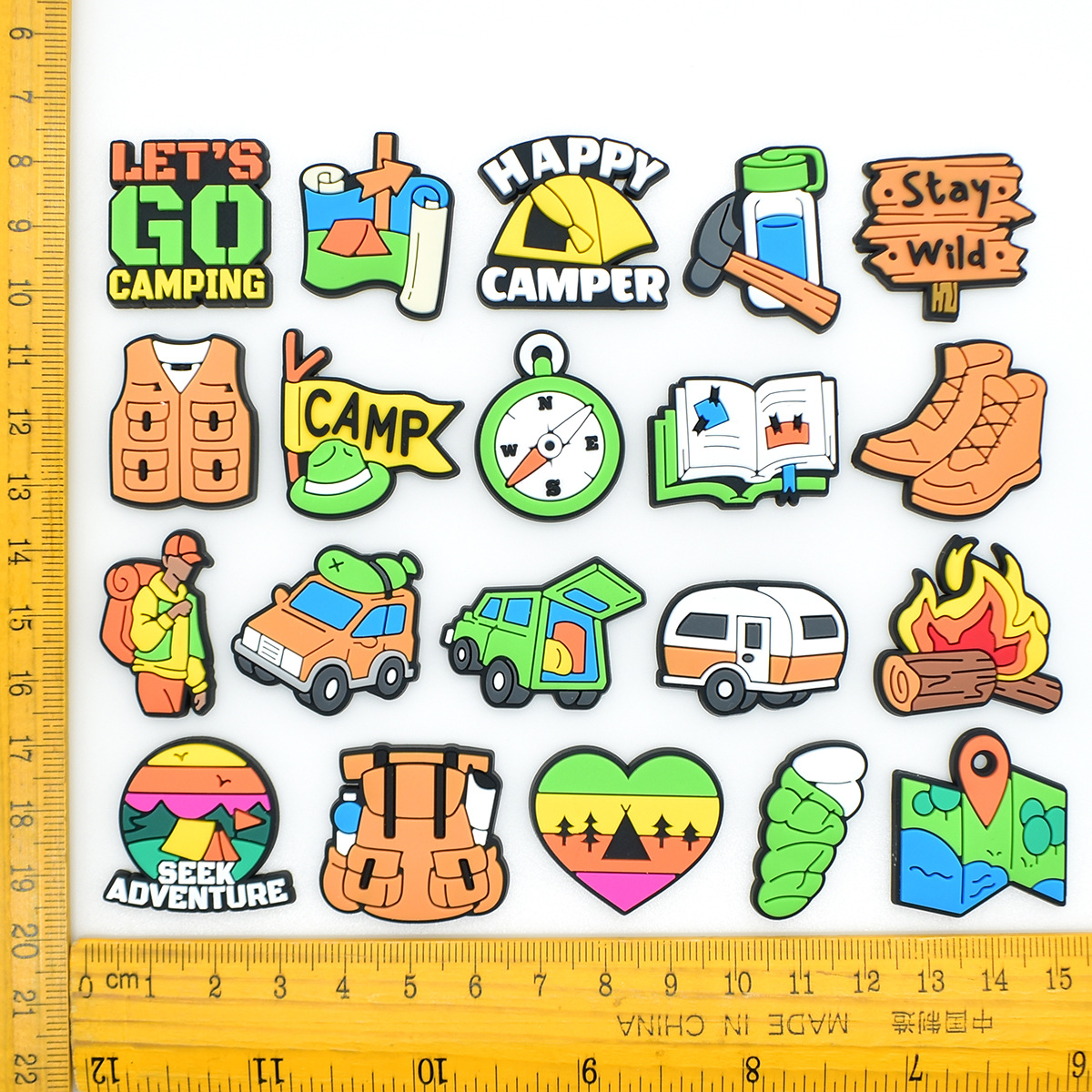 Camping theme PVC shoe charms size reference