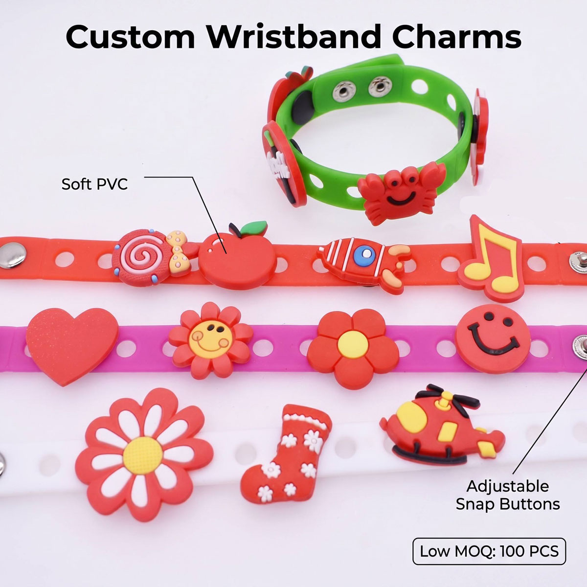 Adjustable soft PVC wristband charms overview