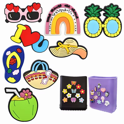Colorful PVC bag charms on tote bags