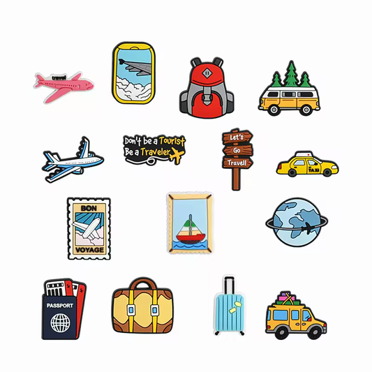 Colorful travel cartoon PVC shoe charms set for clogs