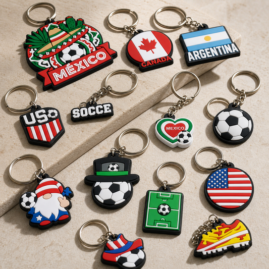 Premium hero image for custom die-cut rubber keychains