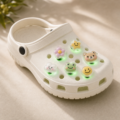 Square premium hero image for custom LED light-up PVC clog charms with visible charms installed