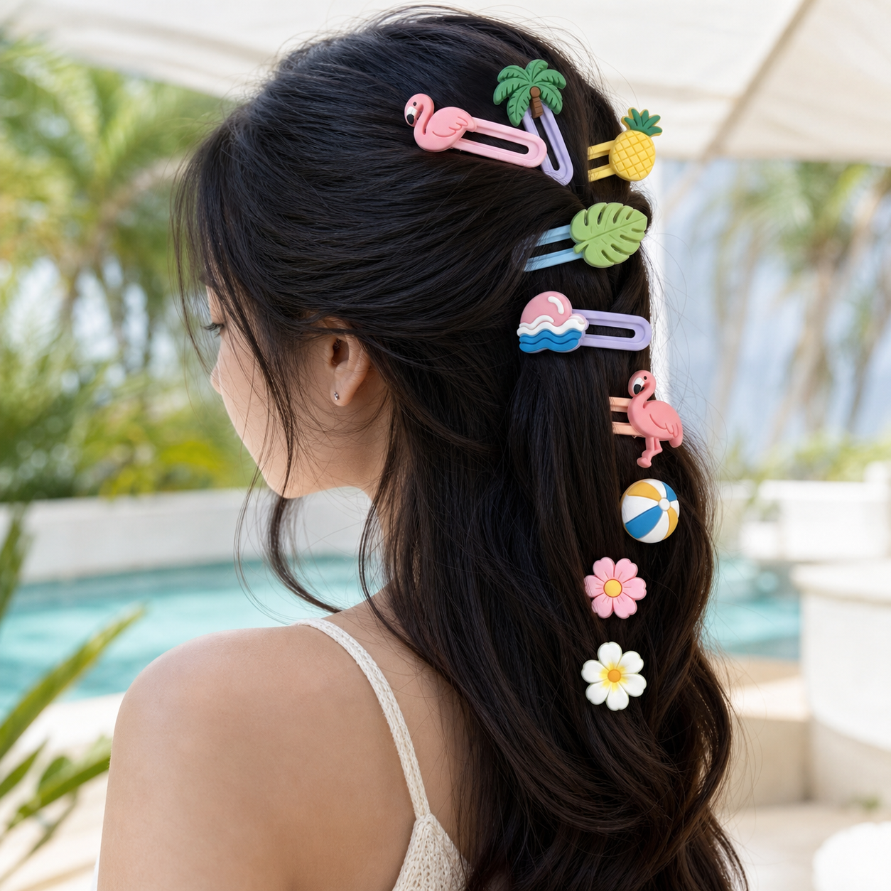 Tropical PVC hair clips worn in long hair in a sunny setting