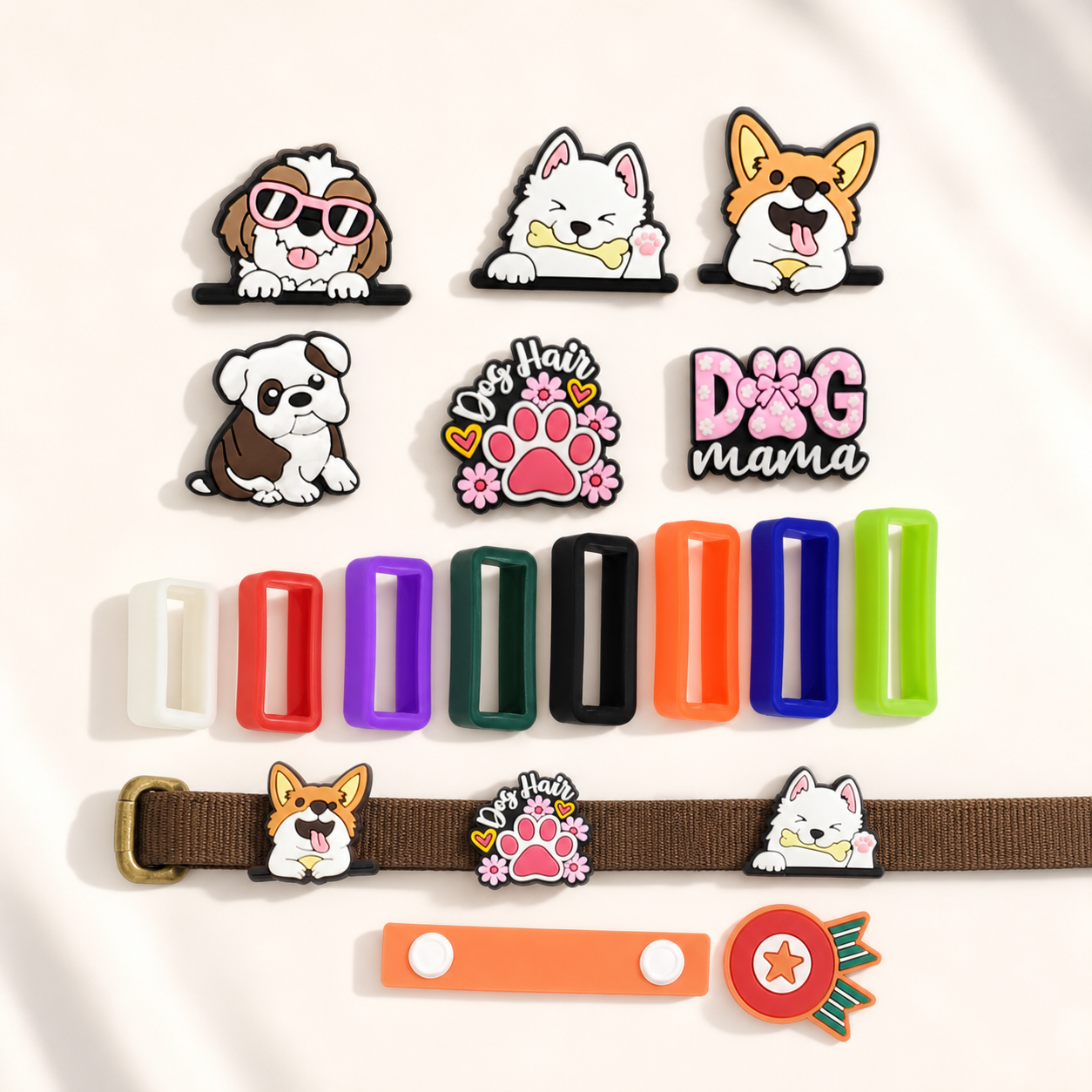 Dog-themed PVC pet collar charm set with colorful collar clips