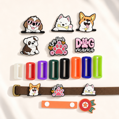 Dog-themed PVC pet collar charm set with colorful collar clips