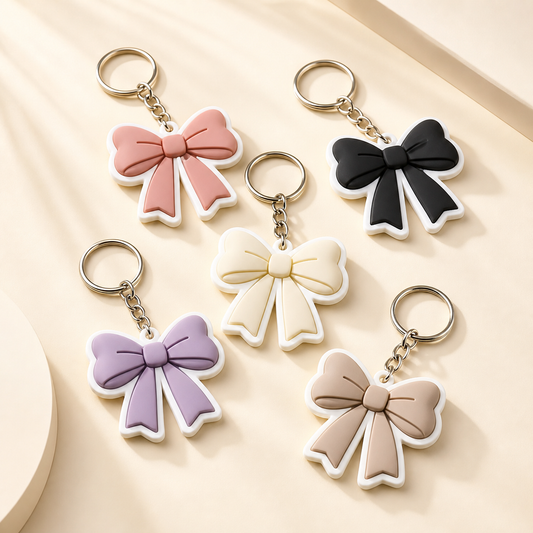 Elegant bow PVC keychains set in soft neutral colors