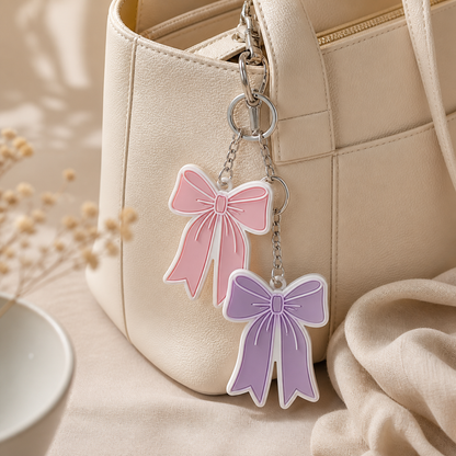 Elegant bow PVC keychain attached to a handbag