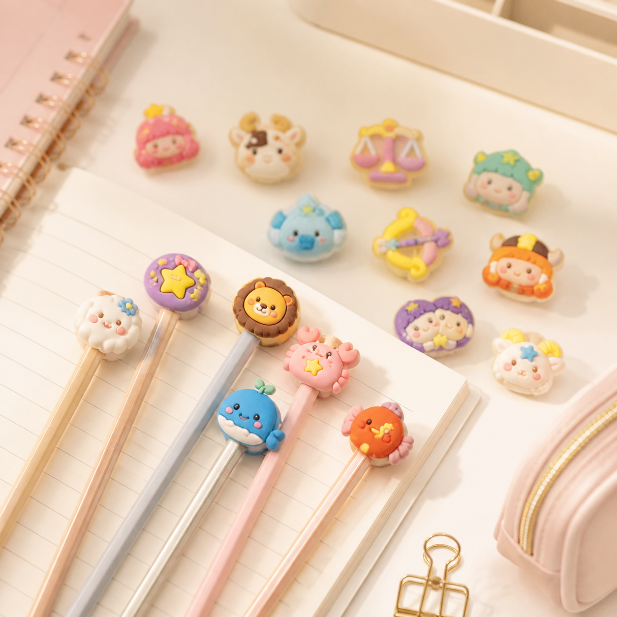 Zodiac constellation pen toppers displayed on pencils