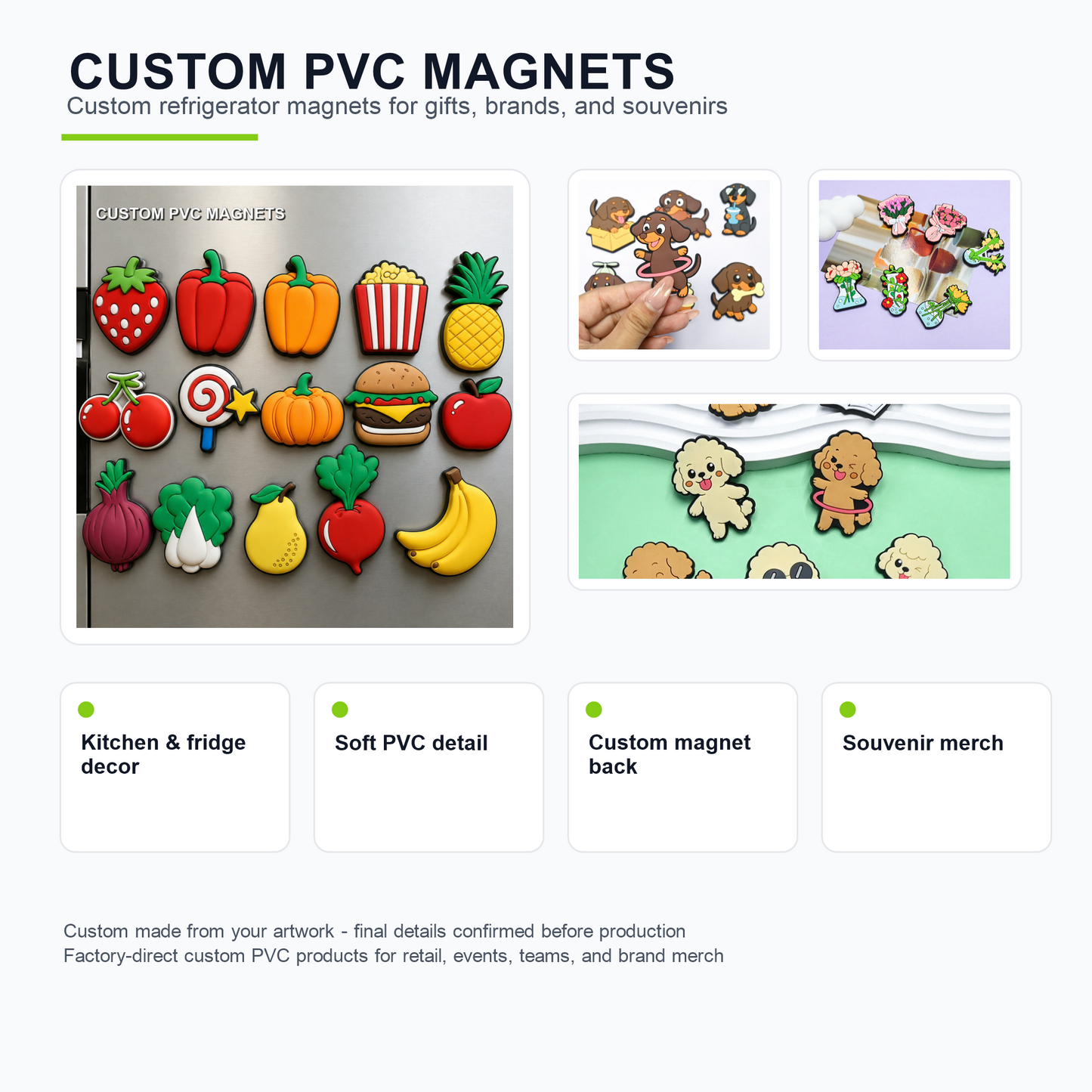 Custom PVC magnets trust infographic showing fridge decor, soft PVC detail, custom magnet back, and souvenir merch use cases