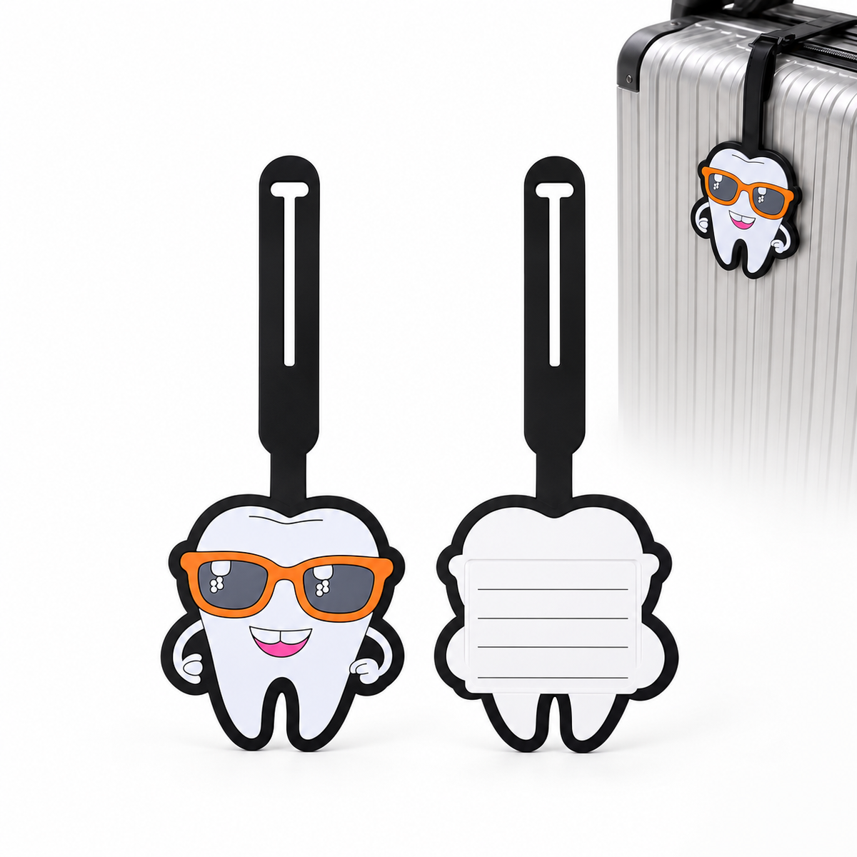 Tooth-shaped PVC luggage tag with adjustable strap and address card